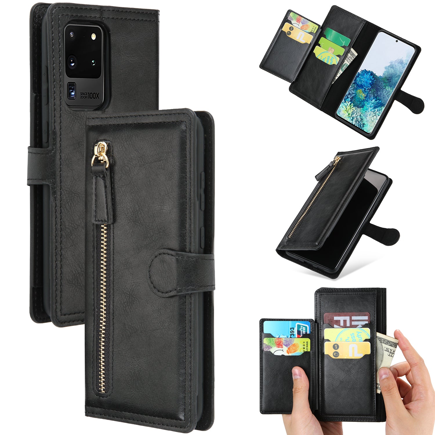 Zipper Pocket Wallet Stand Flip Leather Phone Cover Casing for Samsung Galaxy S20 Ultra - Black