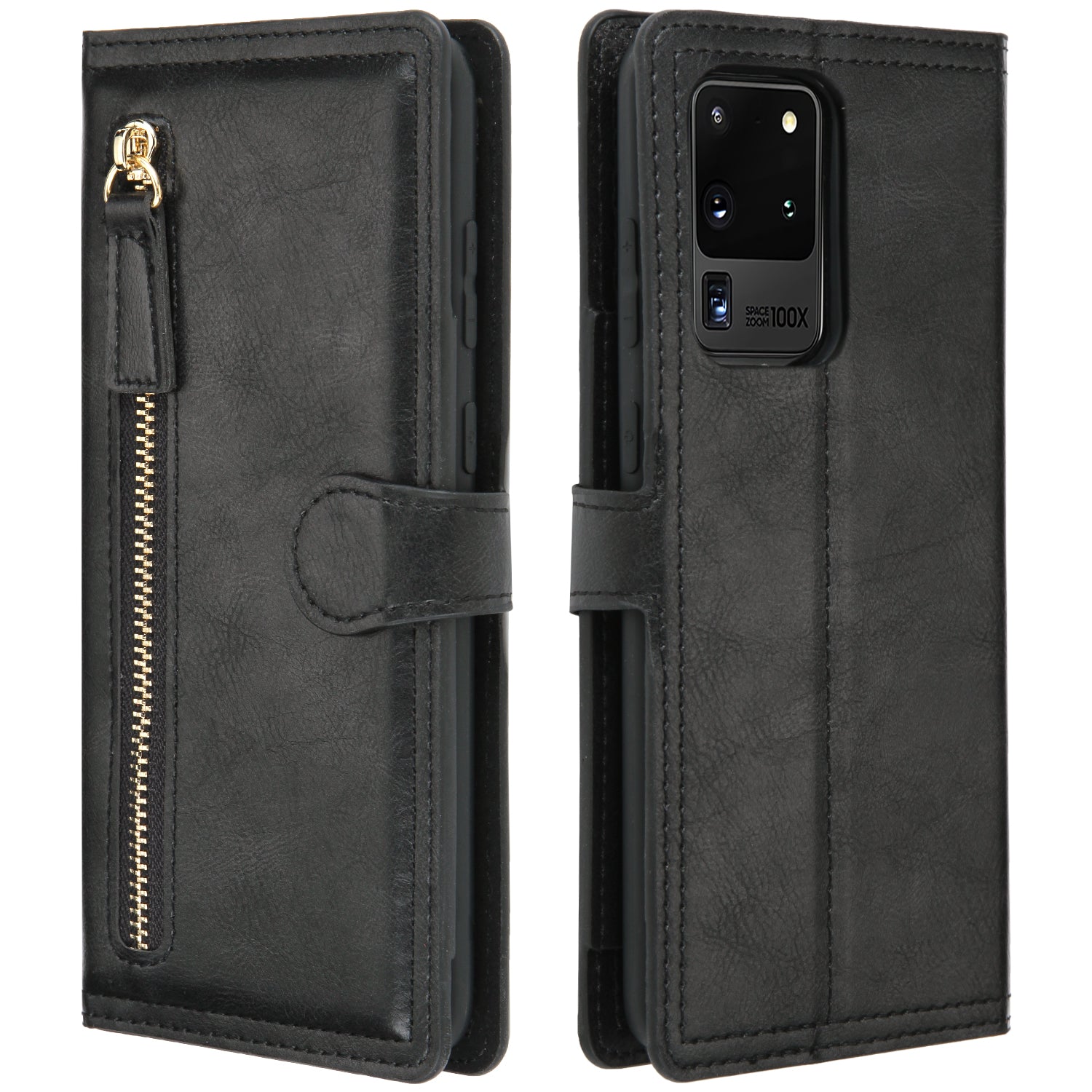 Zipper Pocket Wallet Stand Flip Leather Phone Cover Casing for Samsung Galaxy S20 Ultra - Black