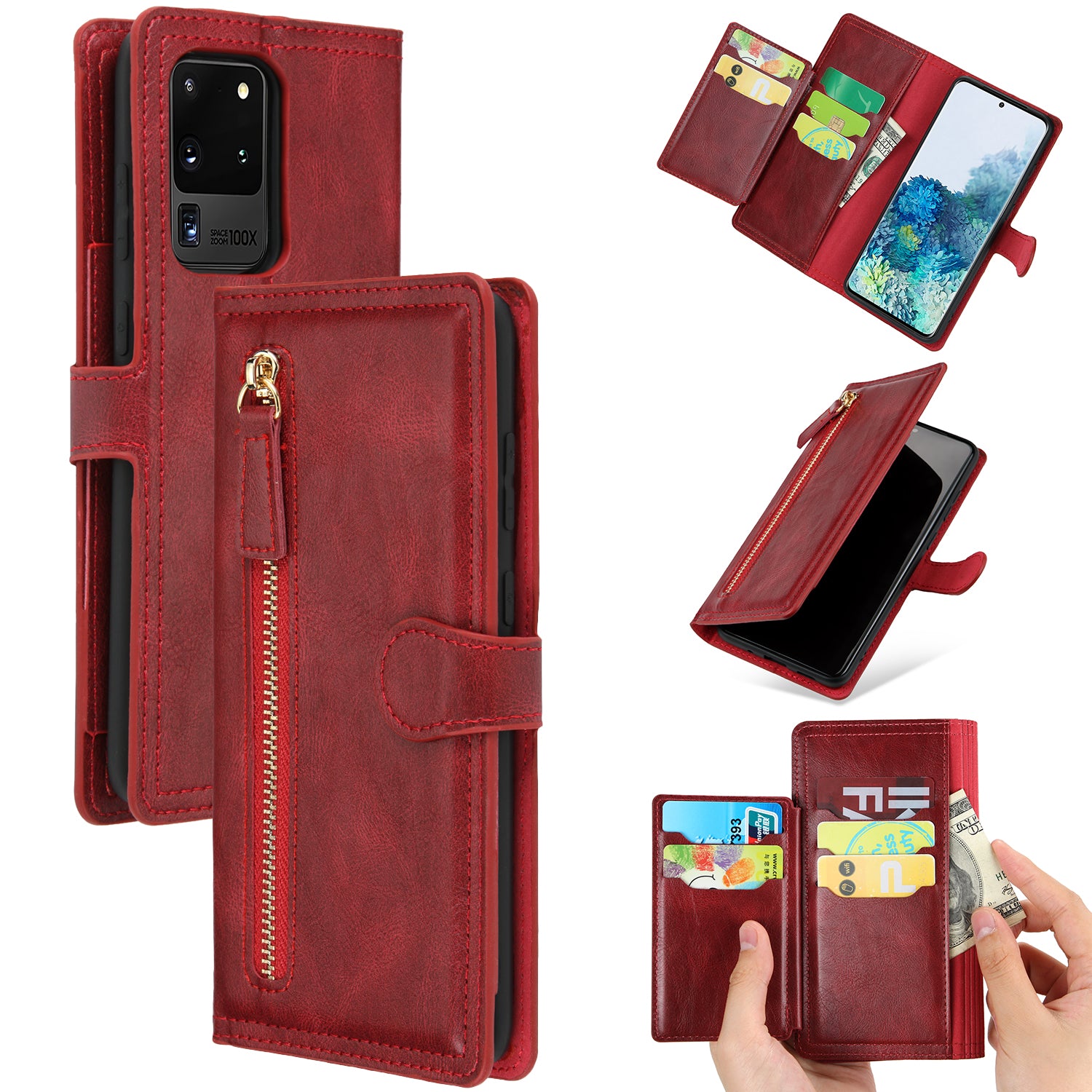 Zipper Pocket Wallet Stand Flip Leather Phone Cover Casing for Samsung Galaxy S20 Ultra - Red