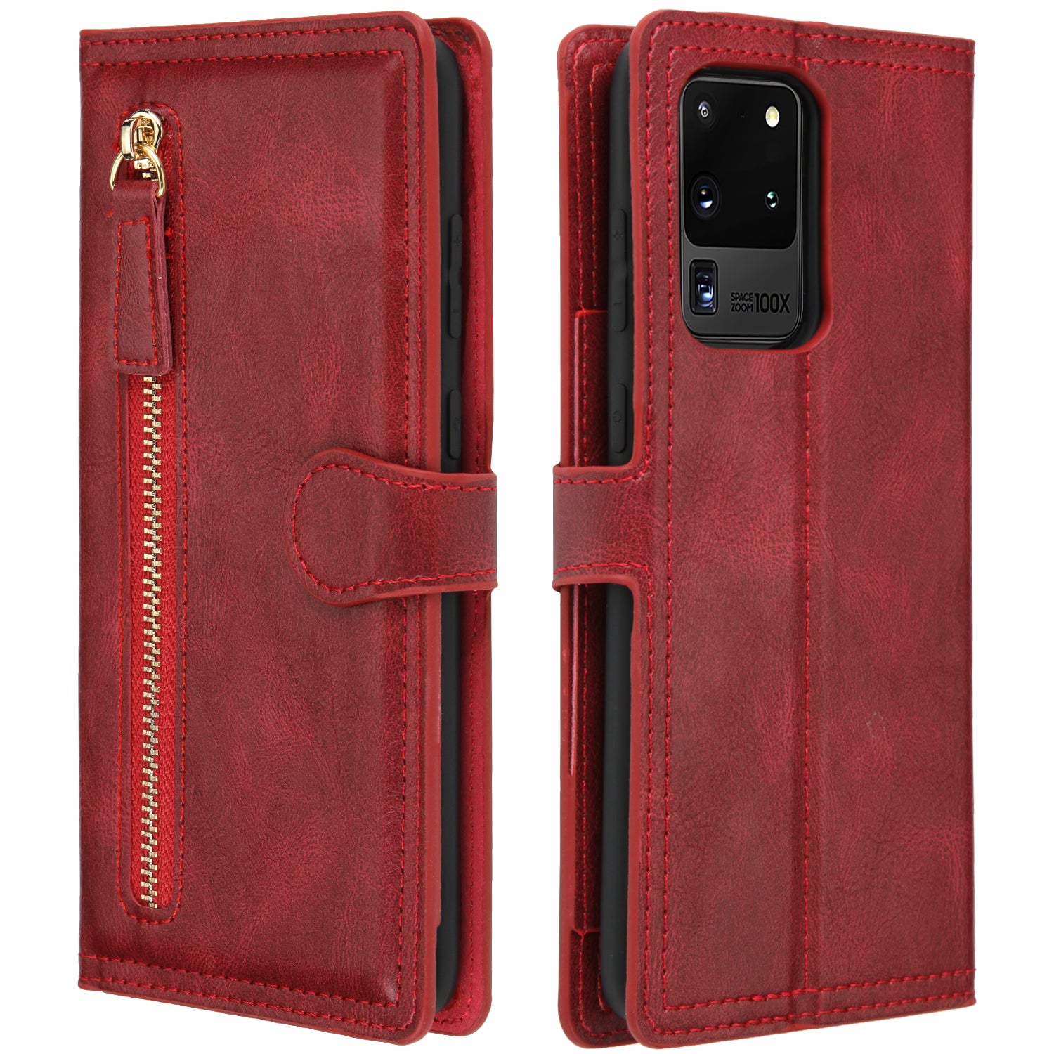 Zipper Pocket Wallet Stand Flip Leather Phone Cover Casing for Samsung Galaxy S20 Ultra - Red