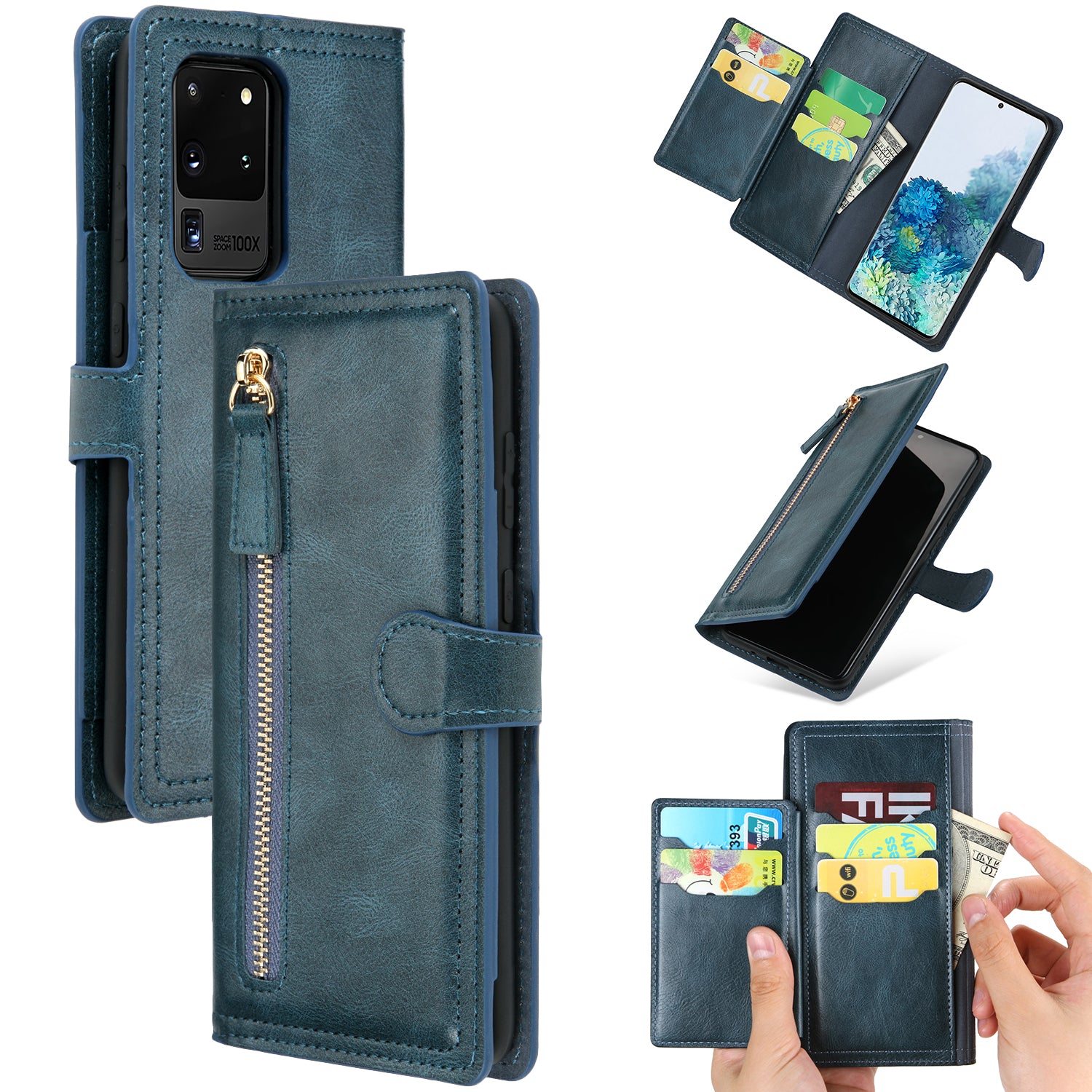 Zipper Pocket Wallet Stand Flip Leather Phone Cover Casing for Samsung Galaxy S20 Ultra - Blue