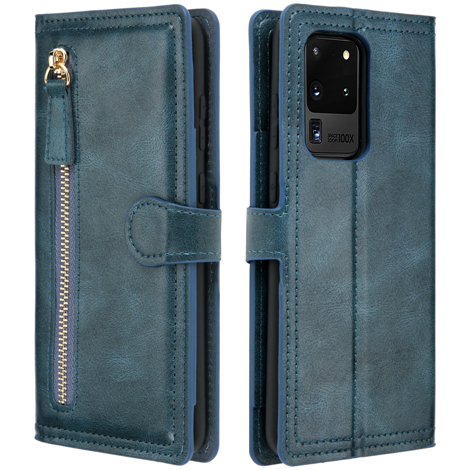 Zipper Pocket Wallet Stand Flip Leather Phone Cover Casing for Samsung Galaxy S20 Ultra - Blue