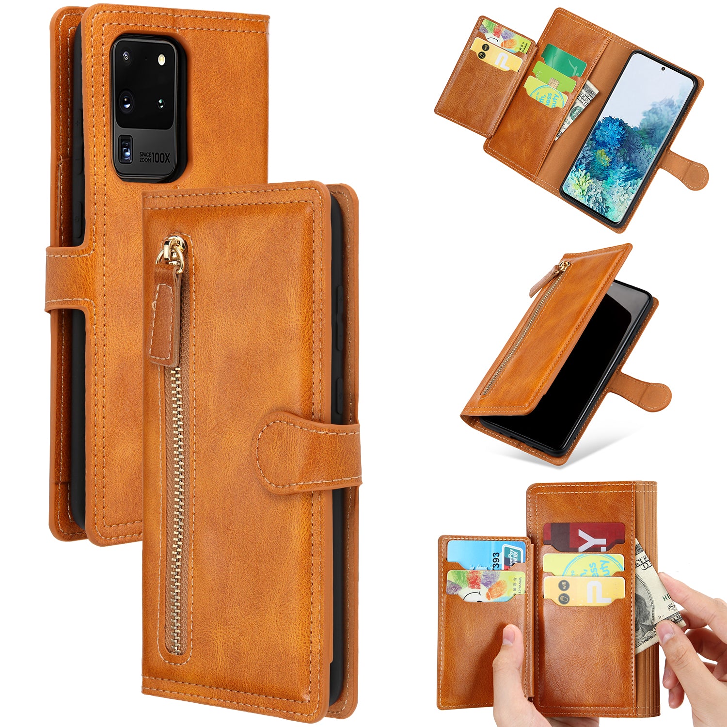 Zipper Pocket Wallet Stand Flip Leather Phone Cover Casing for Samsung Galaxy S20 Ultra - Light Brown