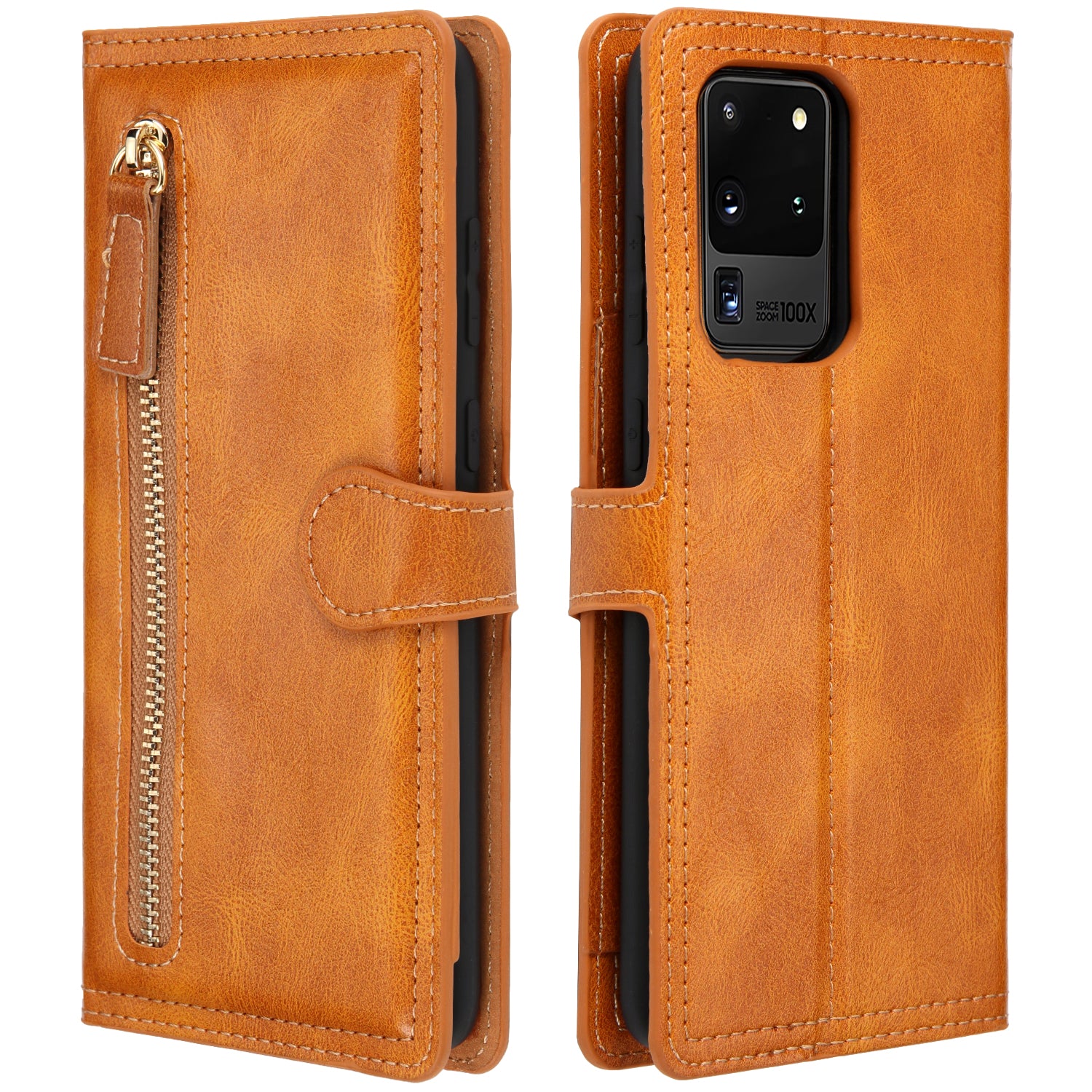 Zipper Pocket Wallet Stand Flip Leather Phone Cover Casing for Samsung Galaxy S20 Ultra - Light Brown