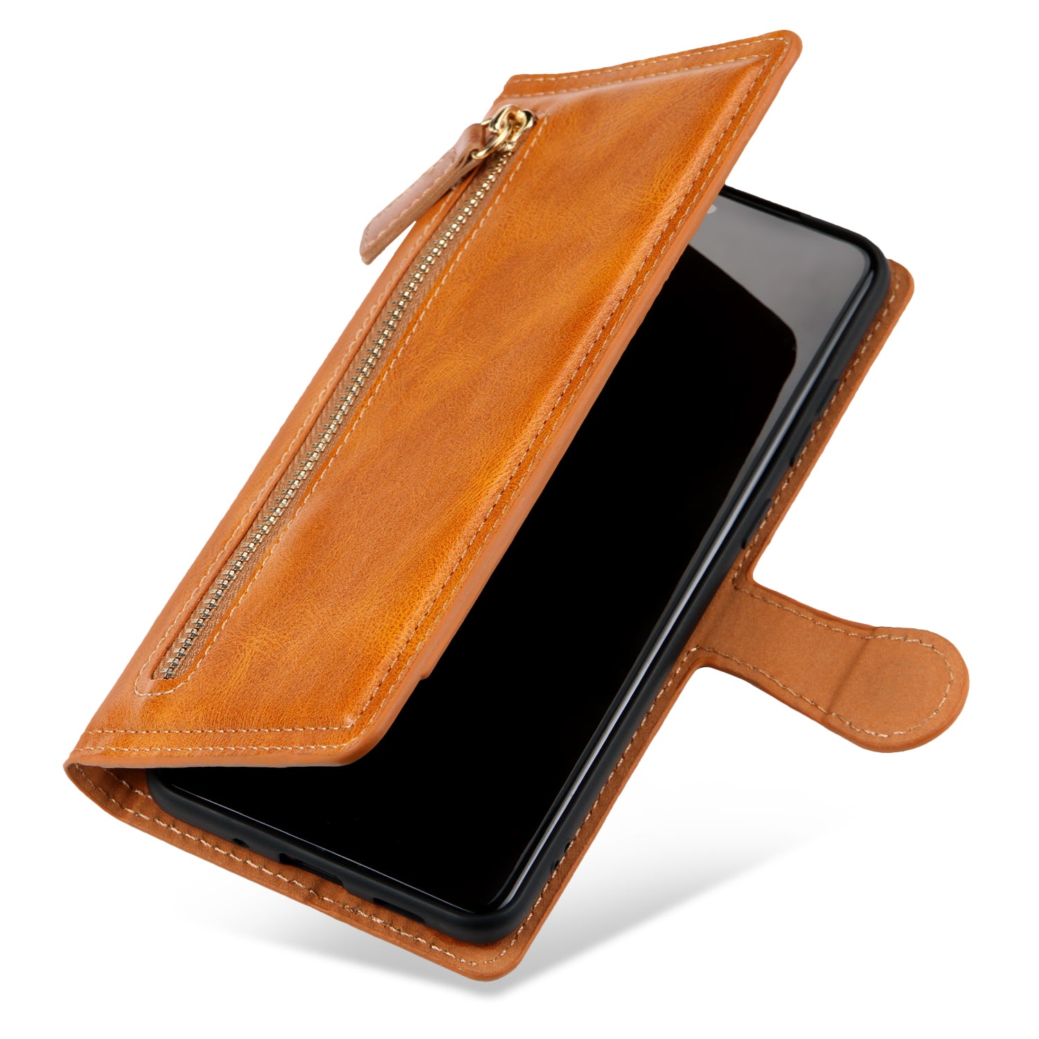 Zipper Pocket Wallet Stand Flip Leather Phone Cover Casing for Samsung Galaxy S20 Ultra - Light Brown