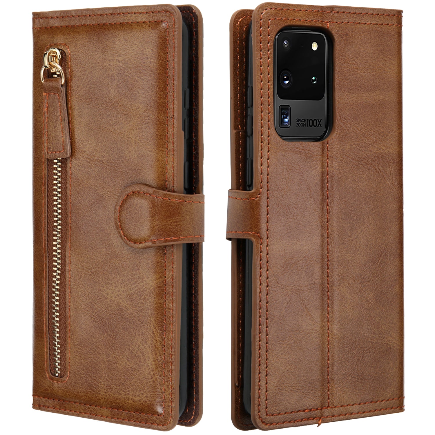 Zipper Pocket Wallet Stand Flip Leather Phone Cover Casing for Samsung Galaxy S20 Ultra - Dark Brown