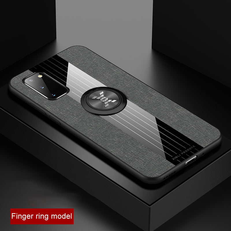 Splicing Cloth Texture Finger Ring Kickstand TPU + Acrylic + Metal Hybrid Shell [Built-in Magnetic Metal Sheet] for Samsung Galaxy S20 4G/S20 5G - Grey