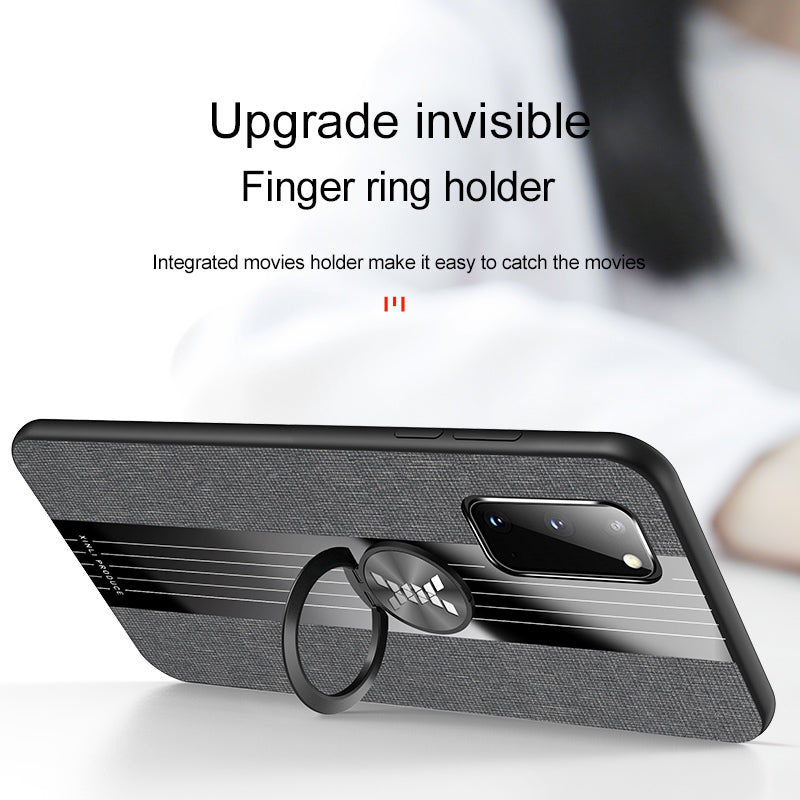 Splicing Cloth Texture Finger Ring Kickstand TPU + Acrylic + Metal Hybrid Shell [Built-in Magnetic Metal Sheet] for Samsung Galaxy S20 4G/S20 5G - Grey