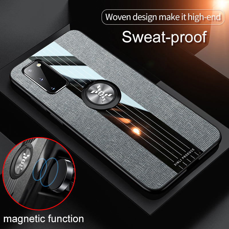 Splicing Cloth Texture Finger Ring Kickstand TPU + Acrylic + Metal Hybrid Shell [Built-in Magnetic Metal Sheet] for Samsung Galaxy S20 4G/S20 5G - Grey