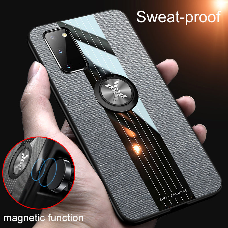 Splicing Cloth Texture Finger Ring Kickstand TPU + Acrylic + Metal Hybrid Shell [Built-in Magnetic Metal Sheet] for Samsung Galaxy S20 4G/S20 5G - Grey