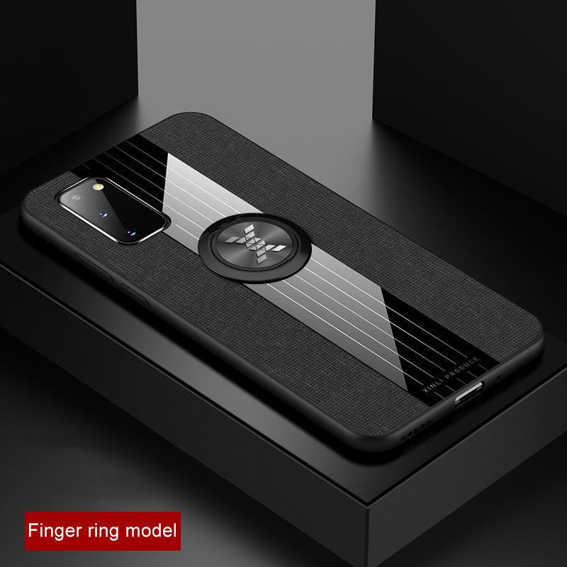 Splicing Cloth Texture Finger Ring Kickstand TPU + Acrylic + Metal Hybrid Shell [Built-in Magnetic Metal Sheet] for Samsung Galaxy S20 4G/S20 5G - Black