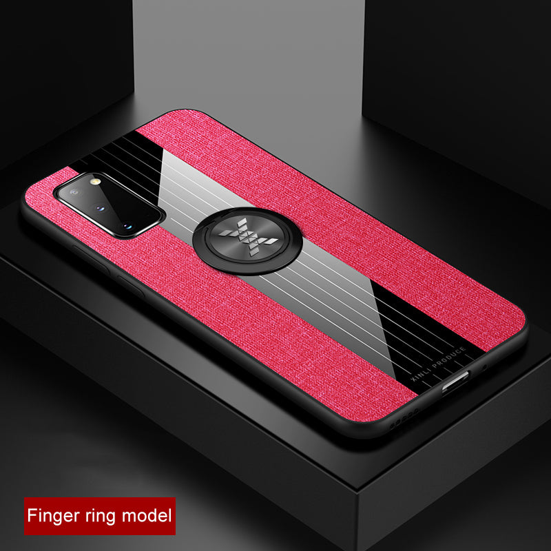 Splicing Cloth Texture Finger Ring Kickstand TPU + Acrylic + Metal Hybrid Shell [Built-in Magnetic Metal Sheet] for Samsung Galaxy S20 4G/S20 5G - Red