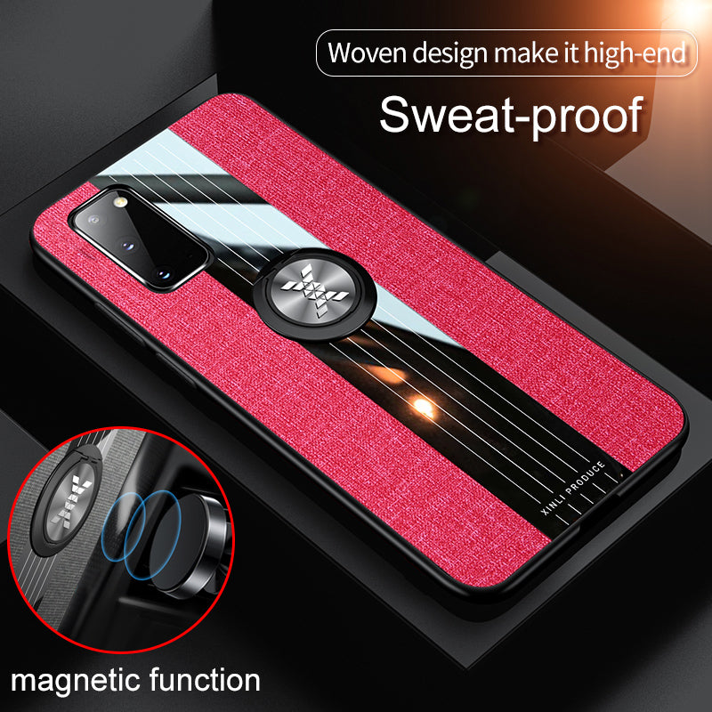 Splicing Cloth Texture Finger Ring Kickstand TPU + Acrylic + Metal Hybrid Shell [Built-in Magnetic Metal Sheet] for Samsung Galaxy S20 4G/S20 5G - Red