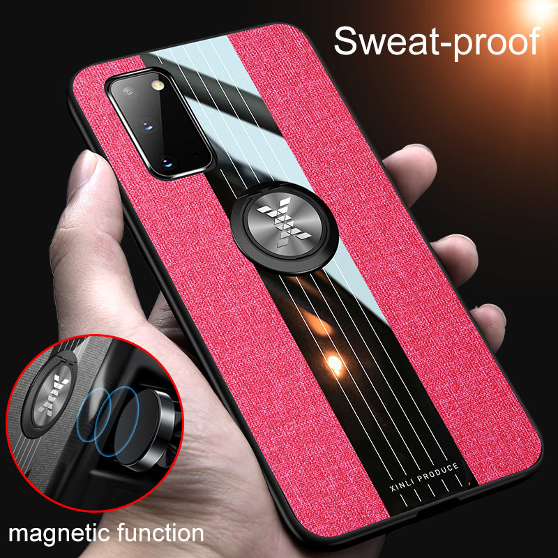 Splicing Cloth Texture Finger Ring Kickstand TPU + Acrylic + Metal Hybrid Shell [Built-in Magnetic Metal Sheet] for Samsung Galaxy S20 4G/S20 5G - Red