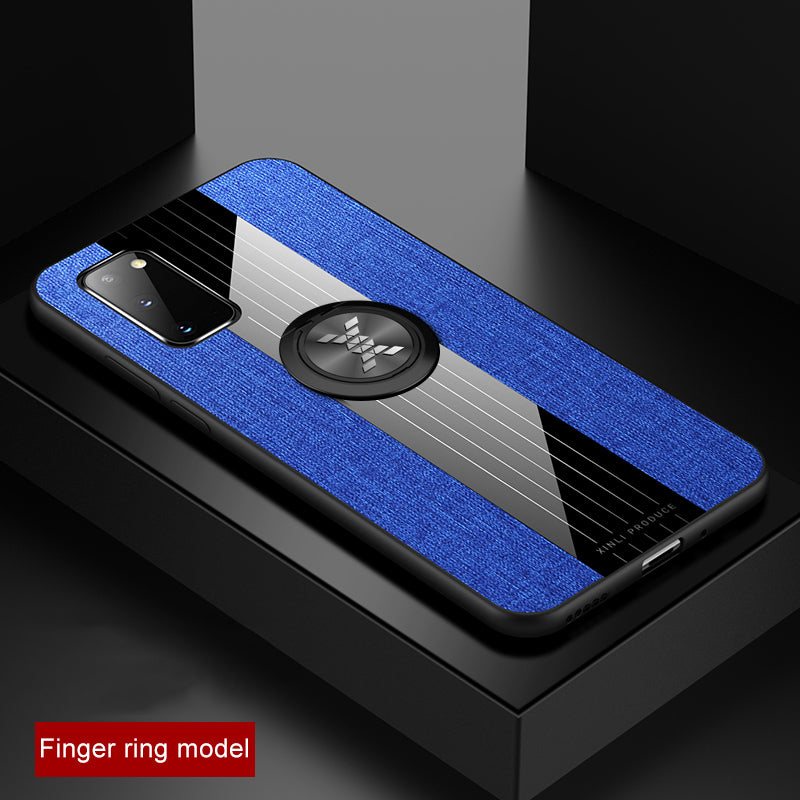 Splicing Cloth Texture Finger Ring Kickstand TPU + Acrylic + Metal Hybrid Shell [Built-in Magnetic Metal Sheet] for Samsung Galaxy S20 4G/S20 5G - Blue