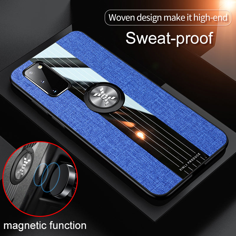 Splicing Cloth Texture Finger Ring Kickstand TPU + Acrylic + Metal Hybrid Shell [Built-in Magnetic Metal Sheet] for Samsung Galaxy S20 4G/S20 5G - Blue