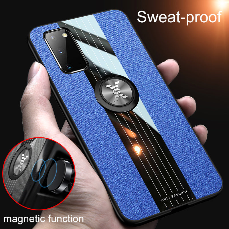 Splicing Cloth Texture Finger Ring Kickstand TPU + Acrylic + Metal Hybrid Shell [Built-in Magnetic Metal Sheet] for Samsung Galaxy S20 4G/S20 5G - Blue