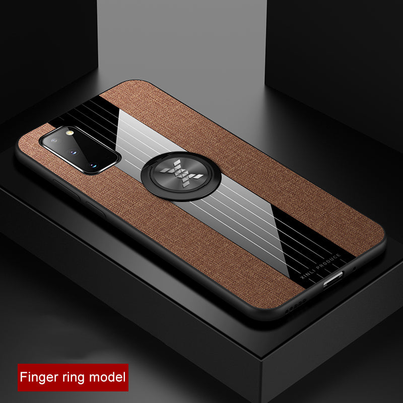 Splicing Cloth Texture Finger Ring Kickstand TPU + Acrylic + Metal Hybrid Shell [Built-in Magnetic Metal Sheet] for Samsung Galaxy S20 4G/S20 5G - Brown