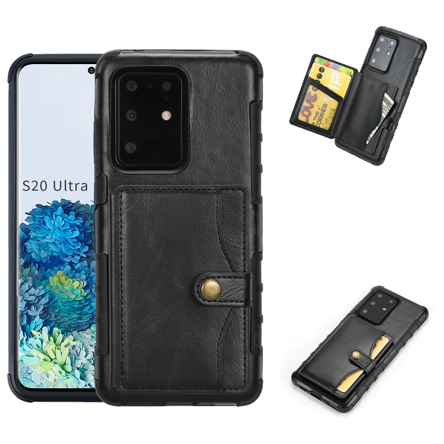 Card Slot Wallet Phone Case Retro PU Leather Coated TPU Cover for Samsung Galaxy S20 Ultra - Black