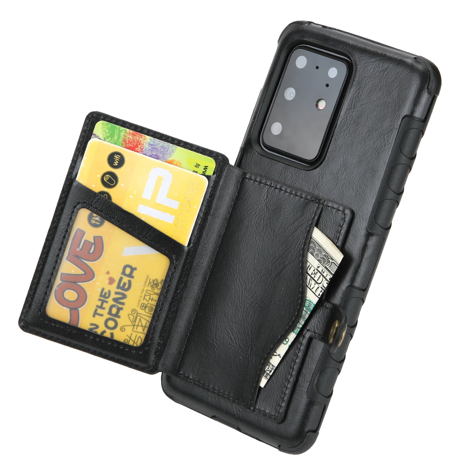 Card Slot Wallet Phone Case Retro PU Leather Coated TPU Cover for Samsung Galaxy S20 Ultra - Black