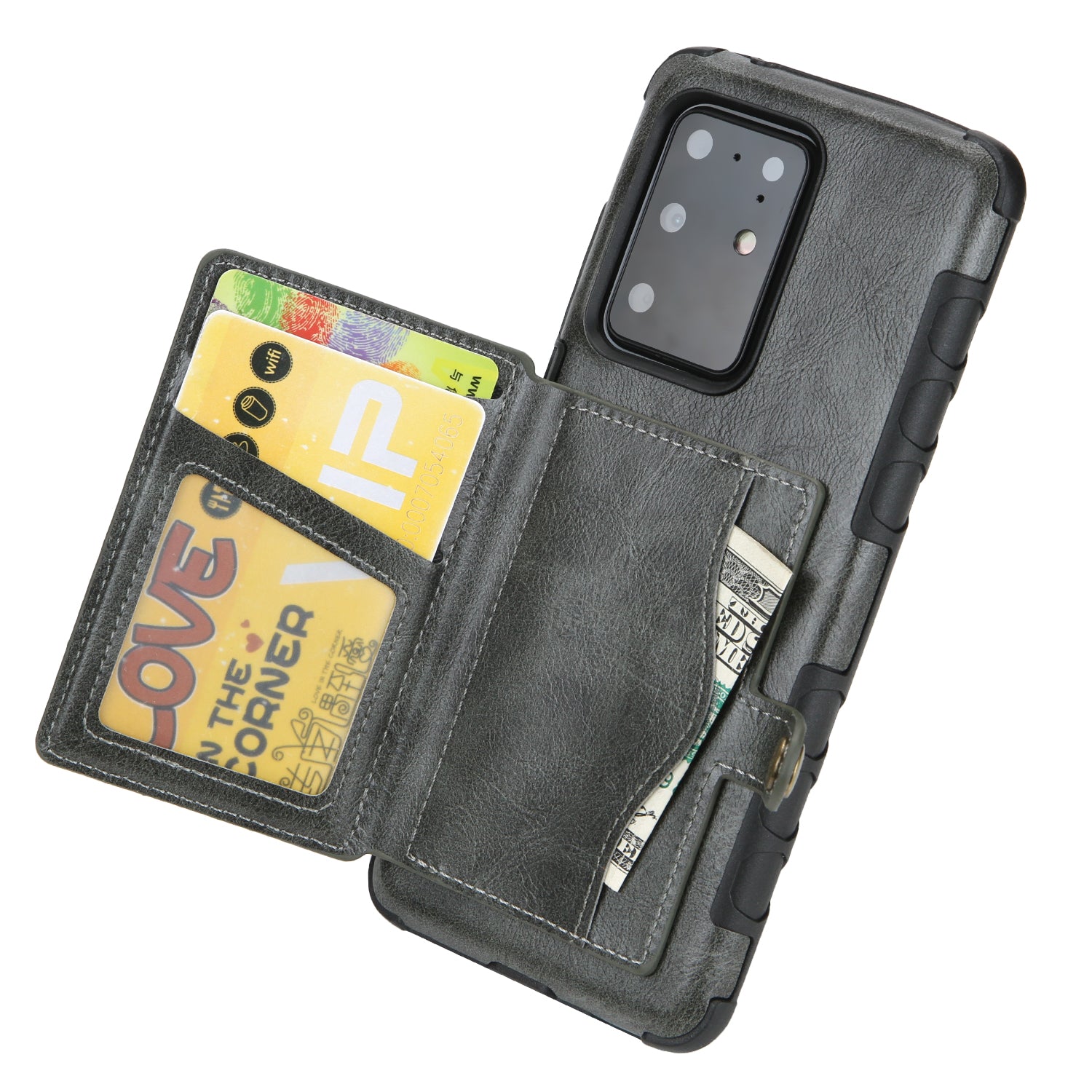 Card Slot Wallet Phone Case Retro PU Leather Coated TPU Cover for Samsung Galaxy S20 Ultra - Grey