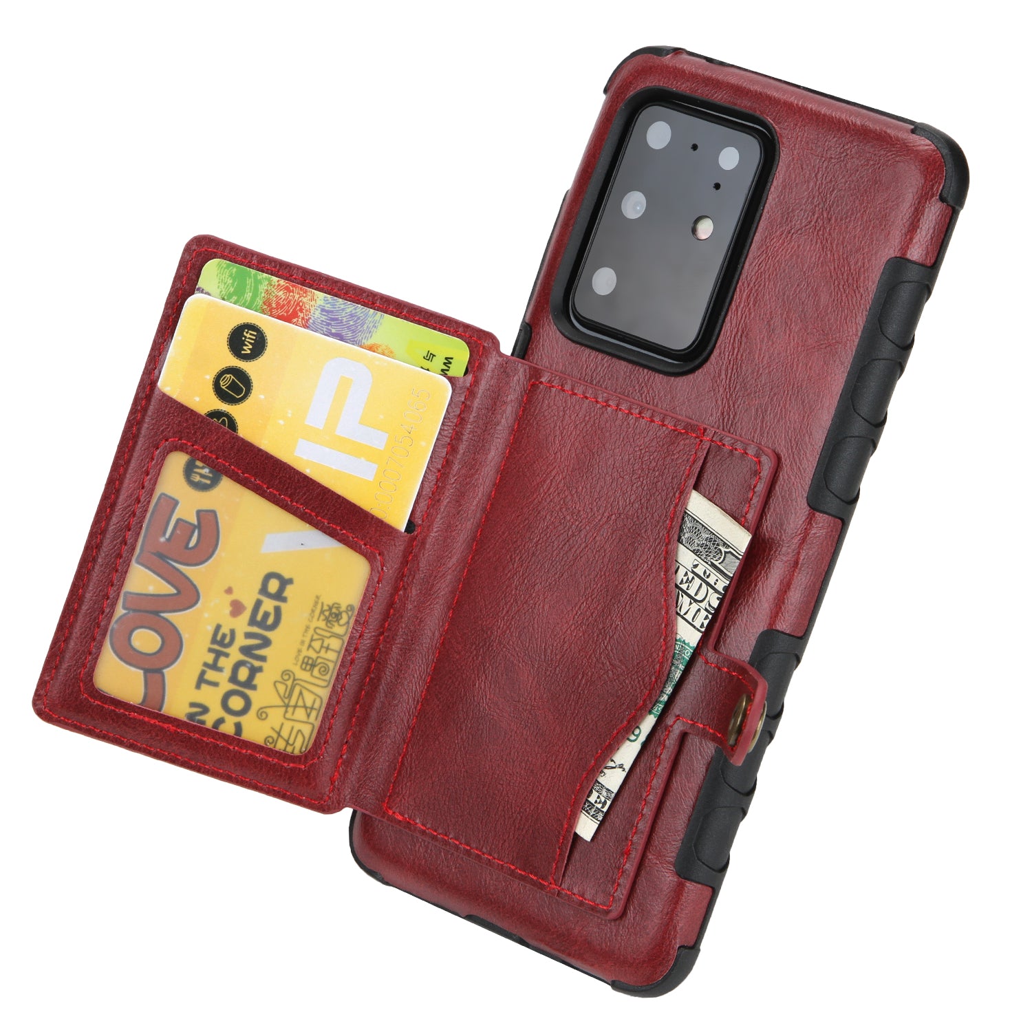 Card Slot Wallet Phone Case Retro PU Leather Coated TPU Cover for Samsung Galaxy S20 Ultra - Red