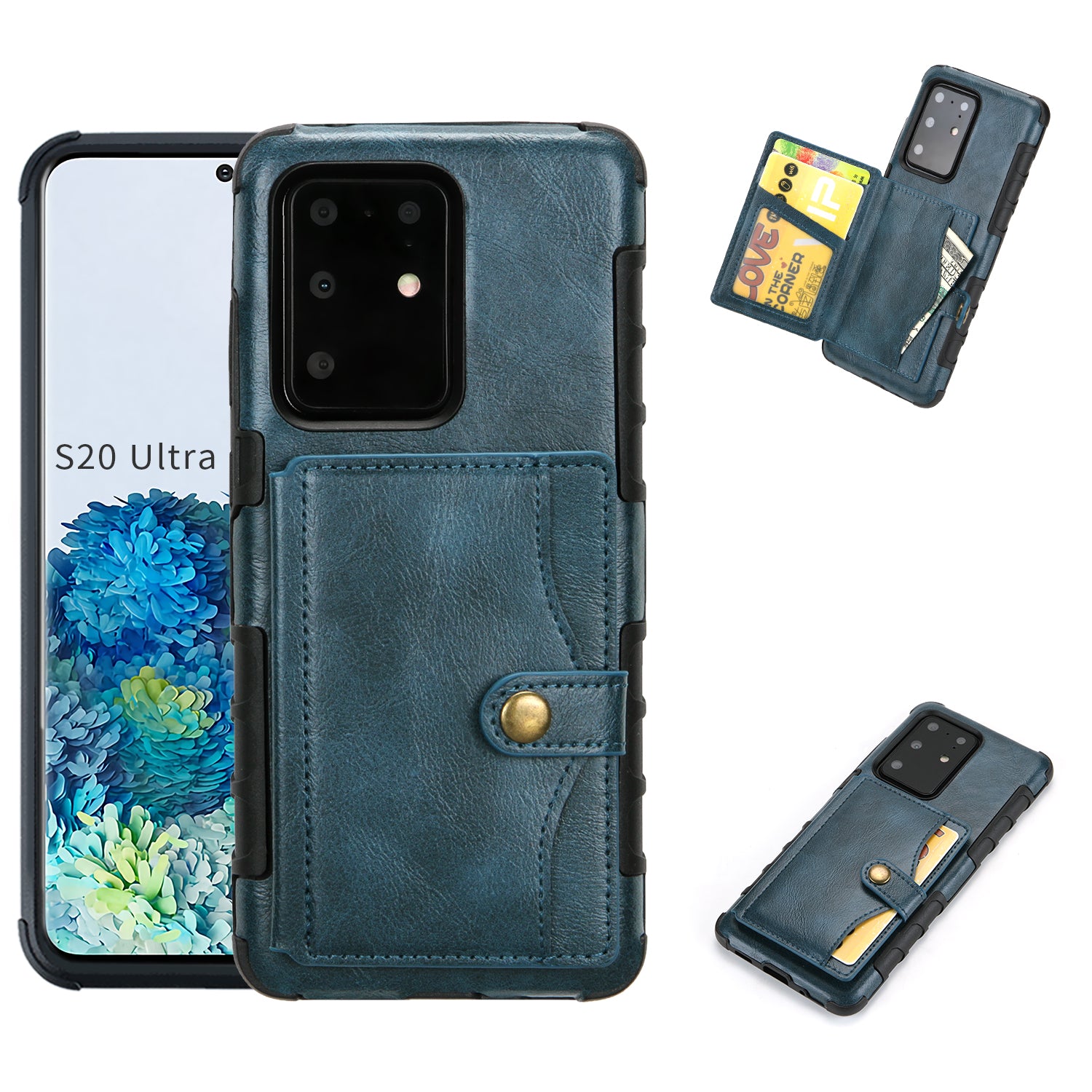 Card Slot Wallet Phone Case Retro PU Leather Coated TPU Cover for Samsung Galaxy S20 Ultra - Blue