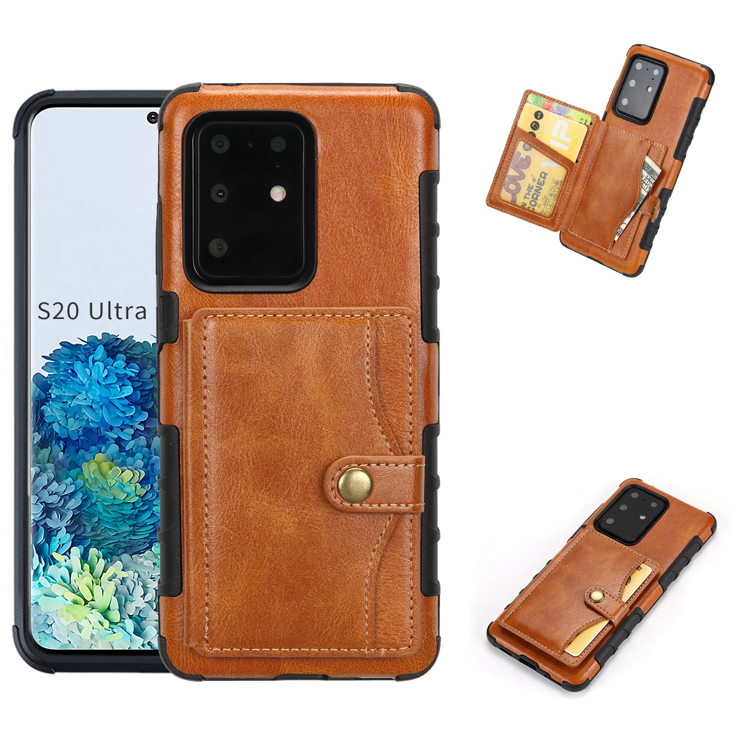 Card Slot Wallet Phone Case Retro PU Leather Coated TPU Cover for Samsung Galaxy S20 Ultra - Brown