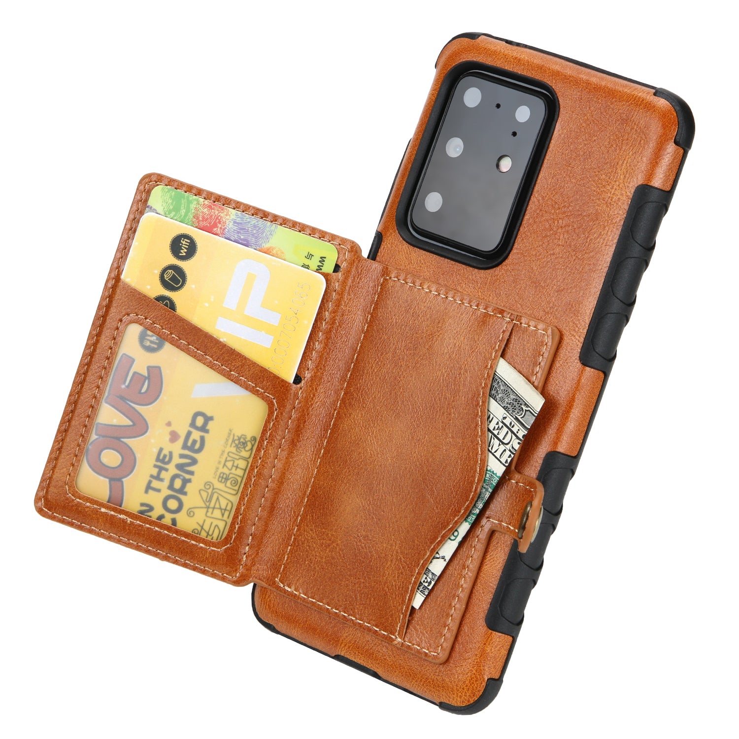 Card Slot Wallet Phone Case Retro PU Leather Coated TPU Cover for Samsung Galaxy S20 Ultra - Brown