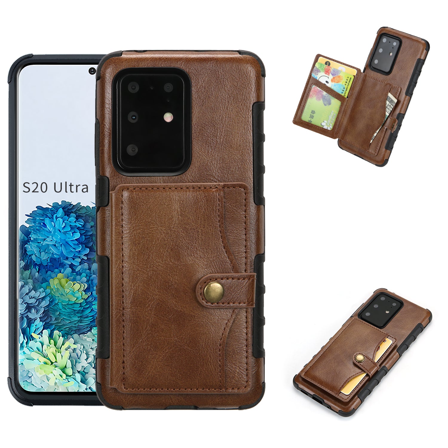 Card Slot Wallet Phone Case Retro PU Leather Coated TPU Cover for Samsung Galaxy S20 Ultra - Coffee