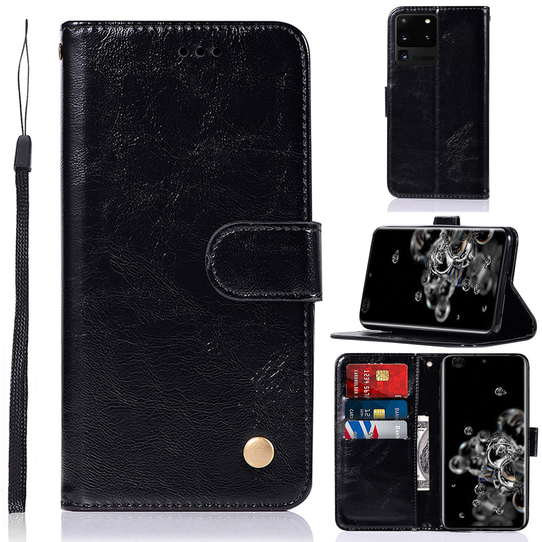 Premium Vintage Leather Wallet Case for Samsung Galaxy S20 Ultra - Black