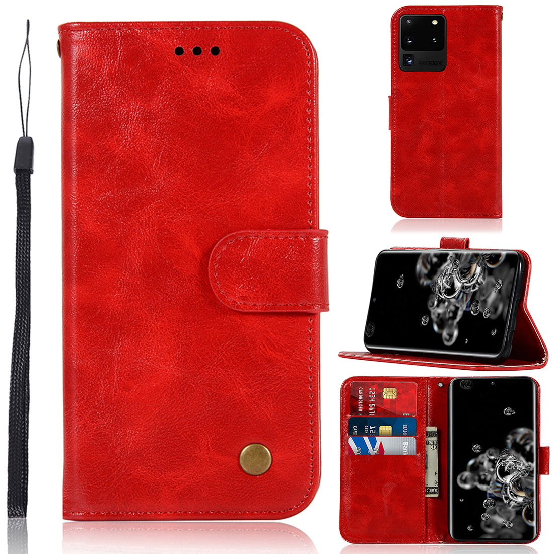 Premium Vintage Leather Wallet Case for Samsung Galaxy S20 Ultra - Red