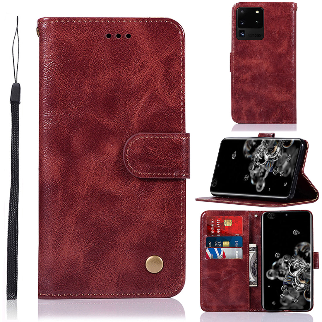 Premium Vintage Leather Wallet Case for Samsung Galaxy S20 Ultra - Wine Red