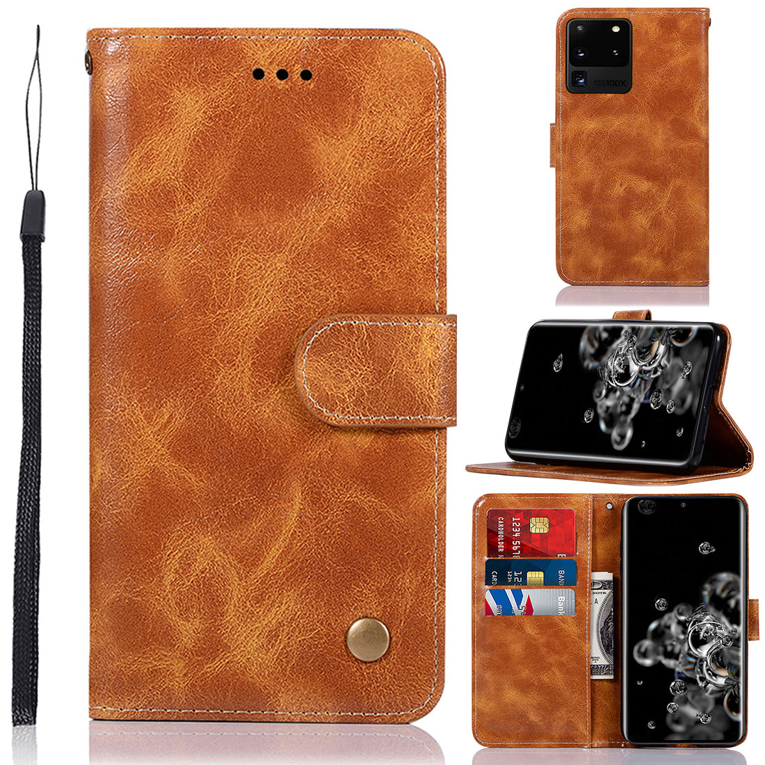 Premium Vintage Leather Wallet Case for Samsung Galaxy S20 Ultra - Brown