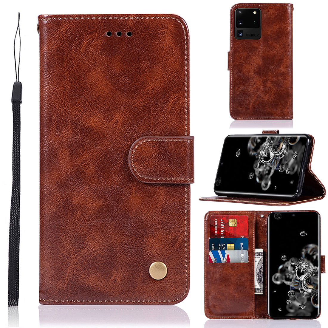 Premium Vintage Leather Wallet Case for Samsung Galaxy S20 Ultra - Coffee