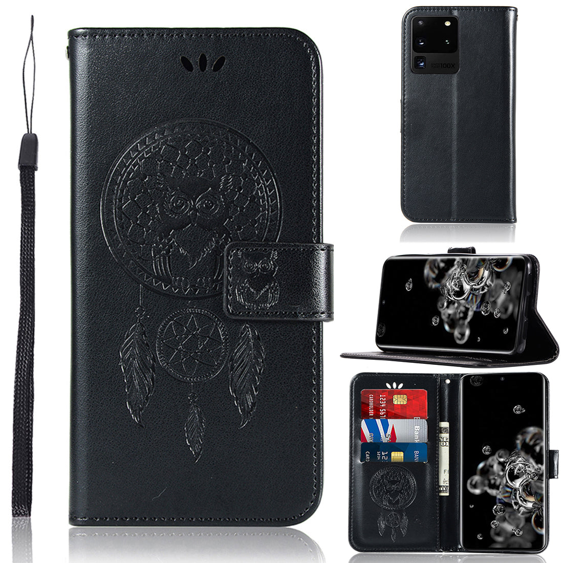 Imprinted Dream Catcher Owl Leather Wallet Case for Samsung Galaxy S20 Ultra - Black