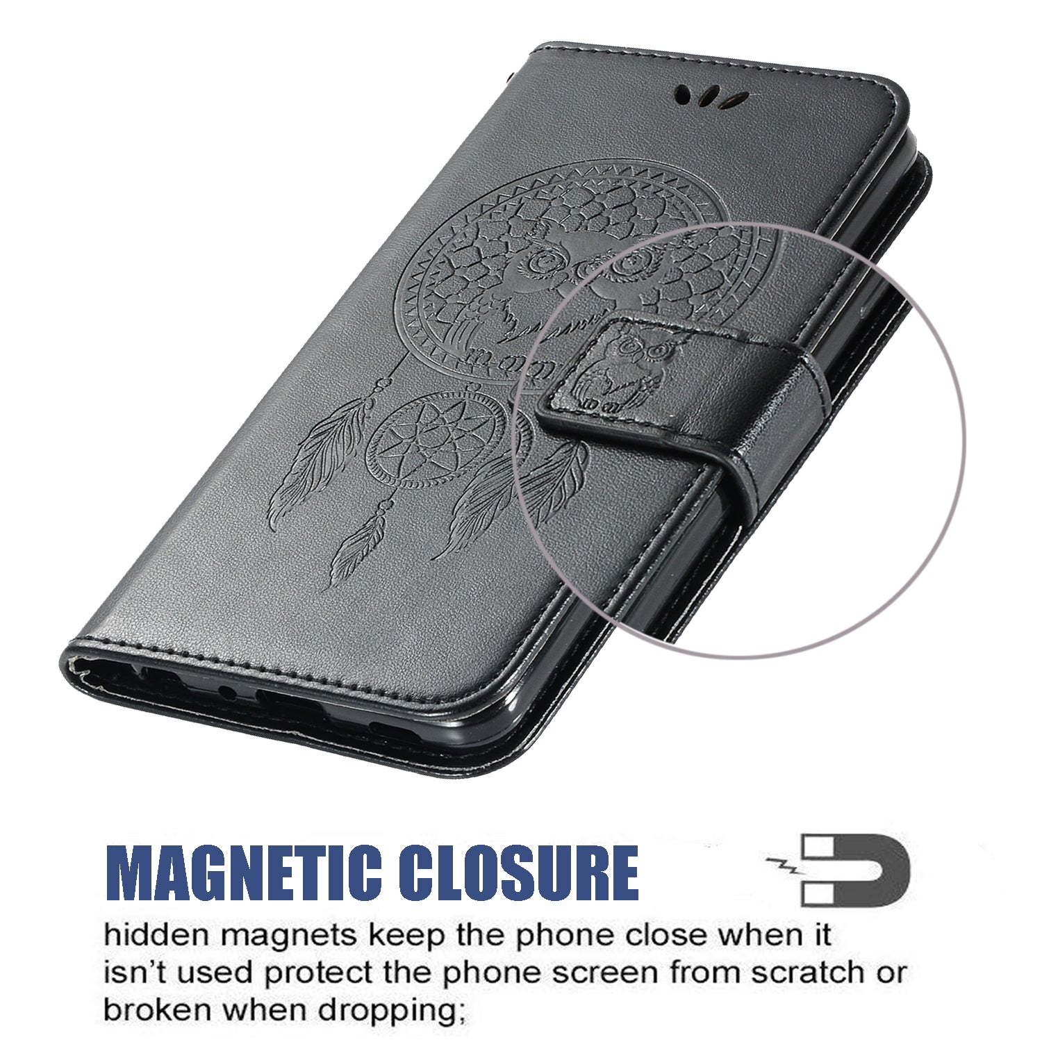 Imprinted Dream Catcher Owl Leather Wallet Case for Samsung Galaxy S20 Ultra - Black