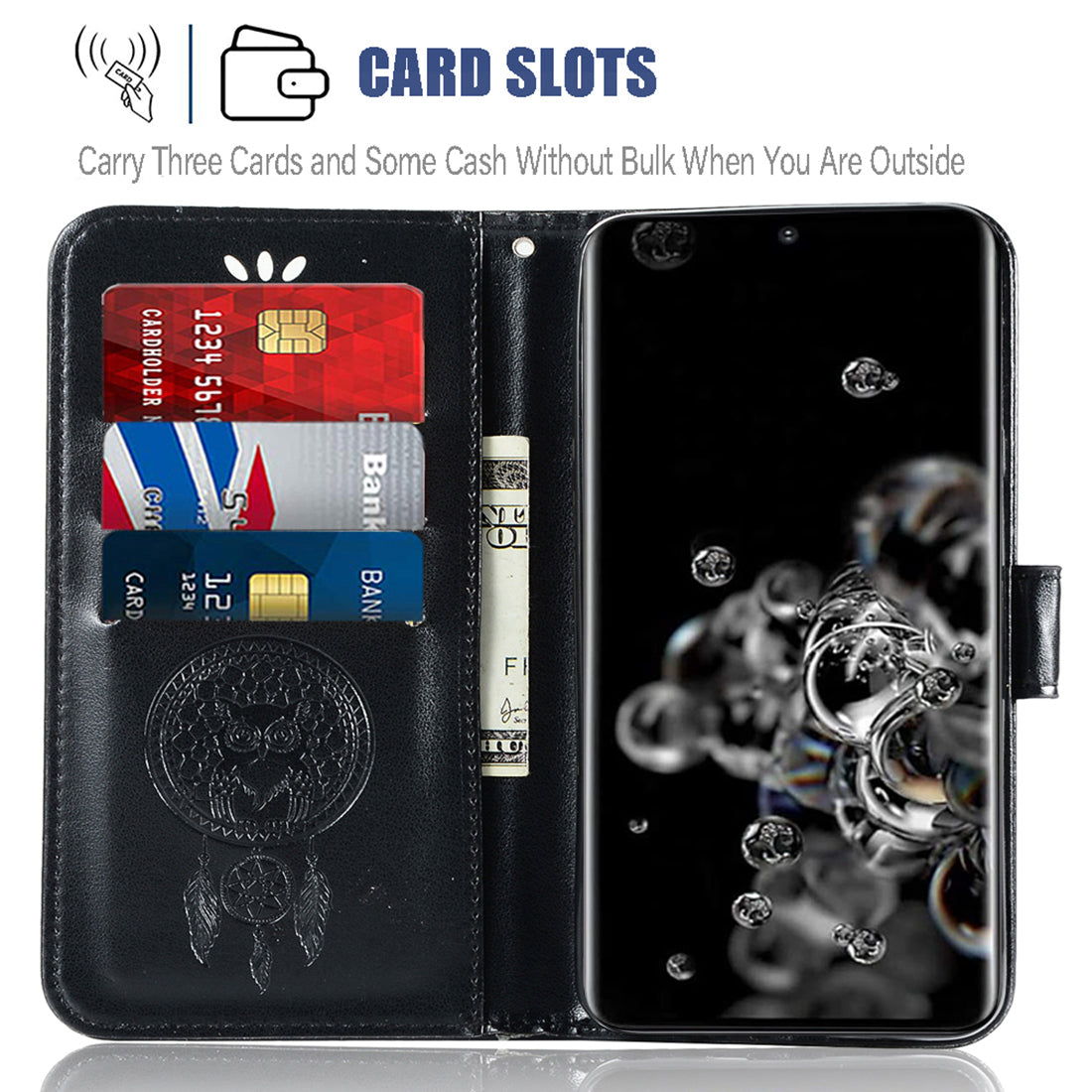 Imprinted Dream Catcher Owl Leather Wallet Case for Samsung Galaxy S20 Ultra - Black