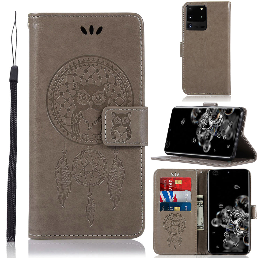 Imprinted Dream Catcher Owl Leather Wallet Case for Samsung Galaxy S20 Ultra - Grey