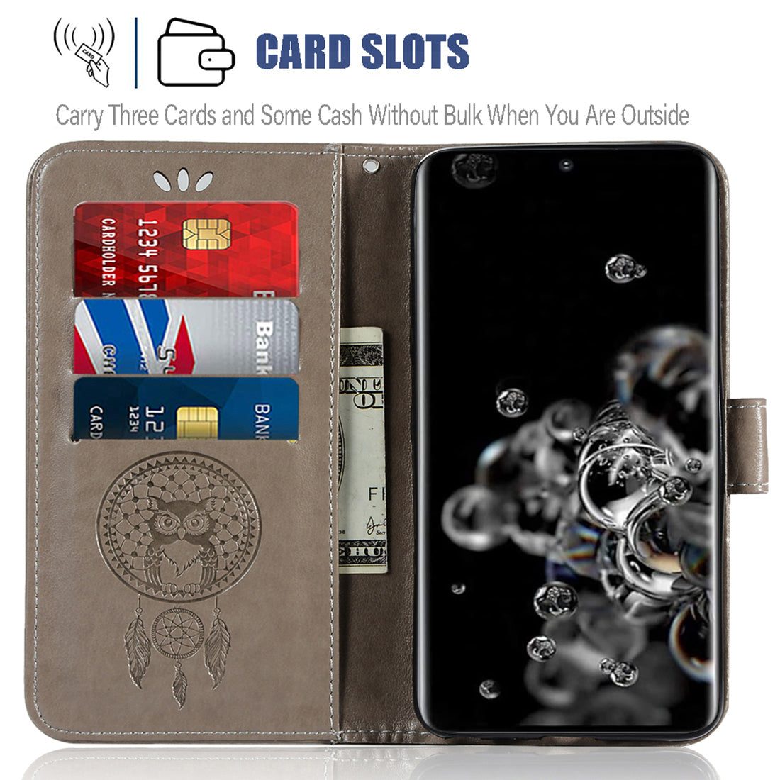 Imprinted Dream Catcher Owl Leather Wallet Case for Samsung Galaxy S20 Ultra - Grey