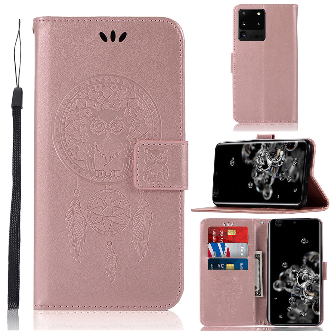 Imprinted Dream Catcher Owl Leather Wallet Case for Samsung Galaxy S20 Ultra - Rose Gold