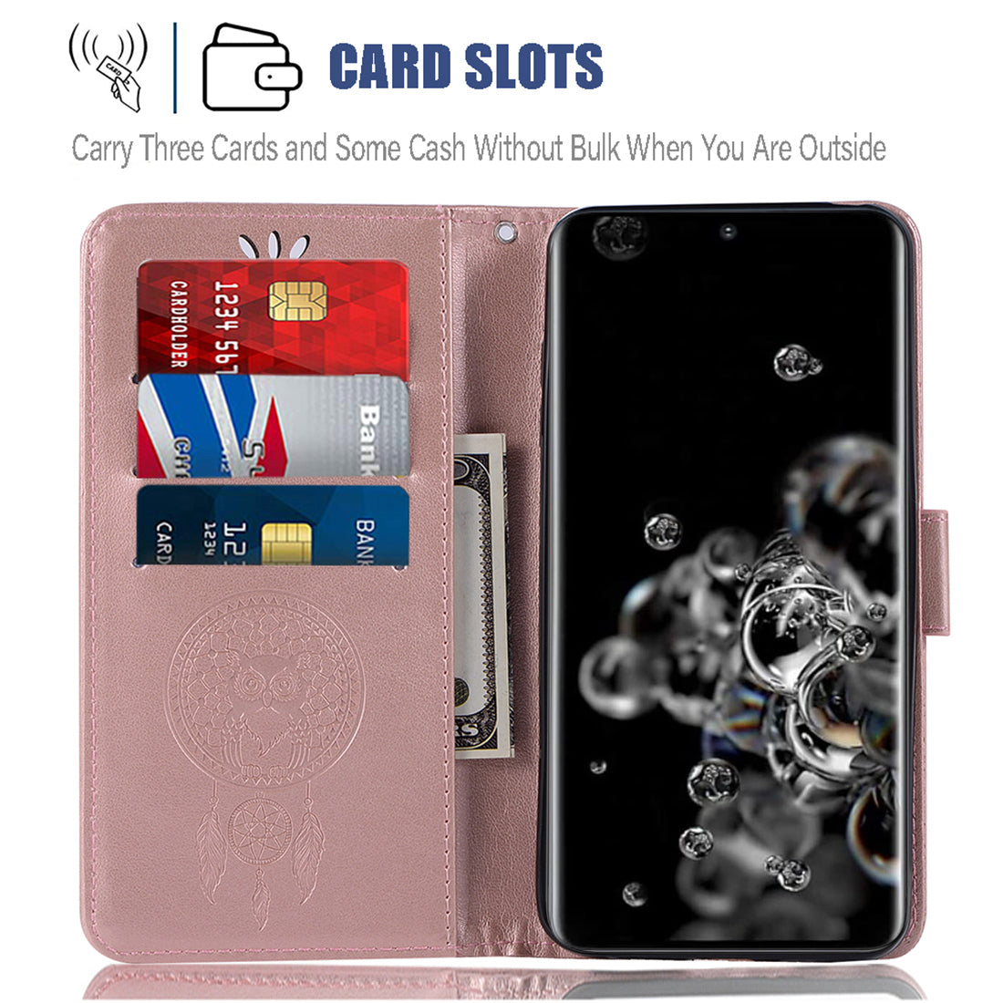 Imprinted Dream Catcher Owl Leather Wallet Case for Samsung Galaxy S20 Ultra - Rose Gold