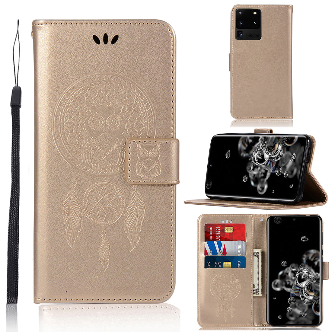 Imprinted Dream Catcher Owl Leather Wallet Case for Samsung Galaxy S20 Ultra - Gold