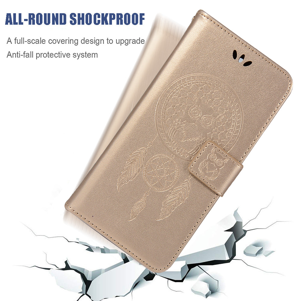 Imprinted Dream Catcher Owl Leather Wallet Case for Samsung Galaxy S20 Ultra - Gold