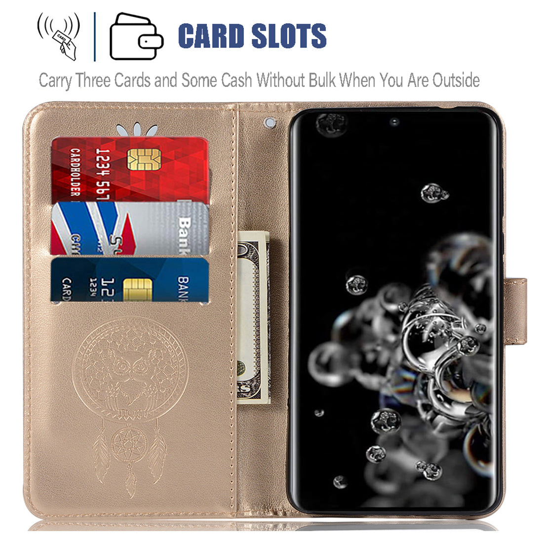 Imprinted Dream Catcher Owl Leather Wallet Case for Samsung Galaxy S20 Ultra - Gold