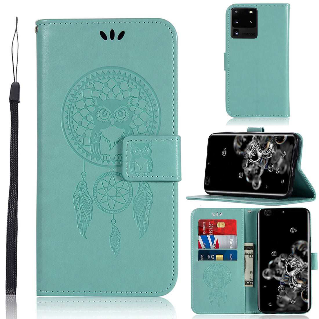 Imprinted Dream Catcher Owl Leather Wallet Case for Samsung Galaxy S20 Ultra - Green