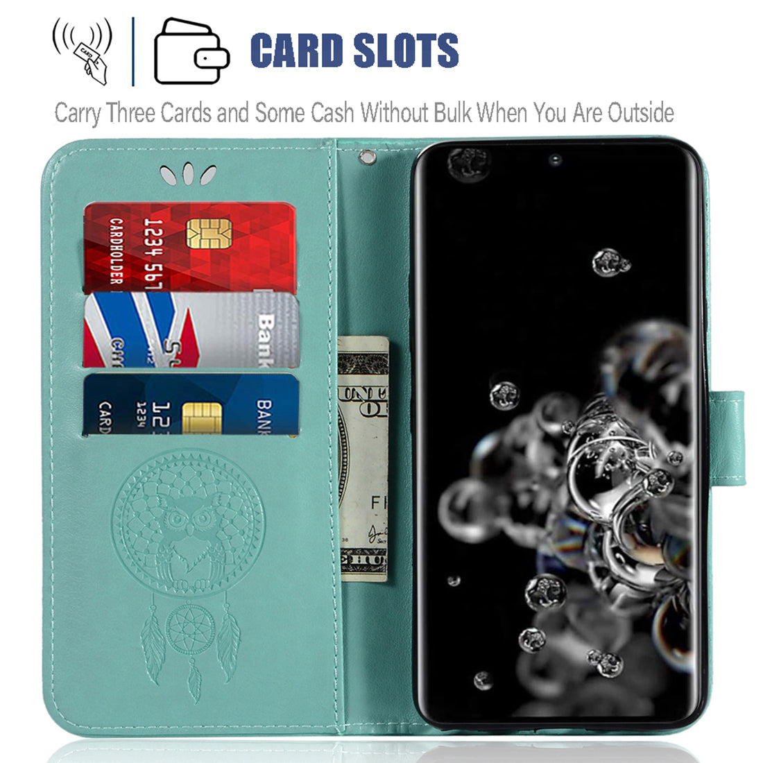 Imprinted Dream Catcher Owl Leather Wallet Case for Samsung Galaxy S20 Ultra - Green