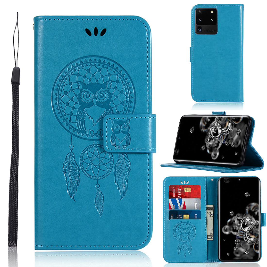 Imprinted Dream Catcher Owl Leather Wallet Case for Samsung Galaxy S20 Ultra - Blue