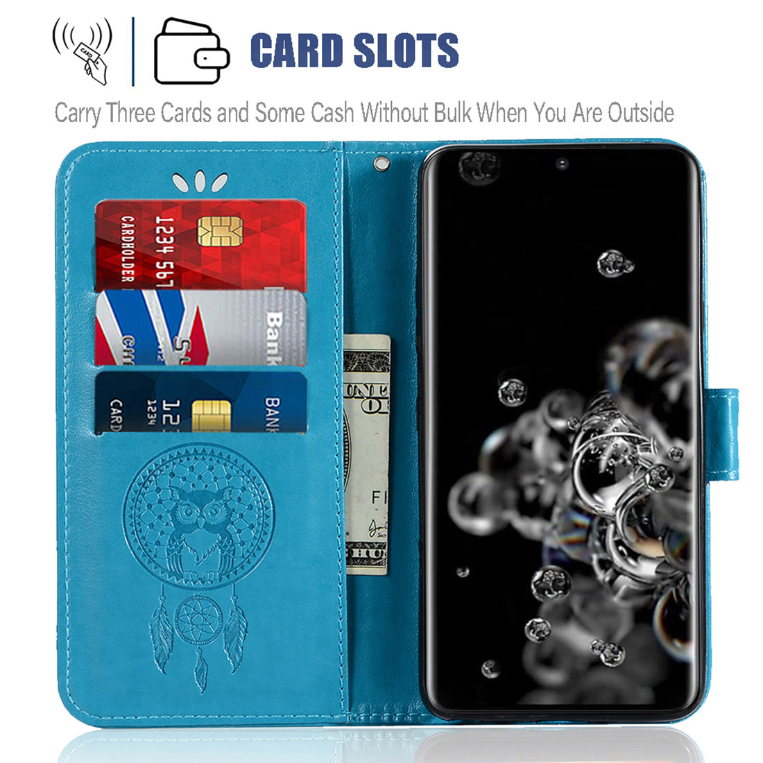 Imprinted Dream Catcher Owl Leather Wallet Case for Samsung Galaxy S20 Ultra - Blue