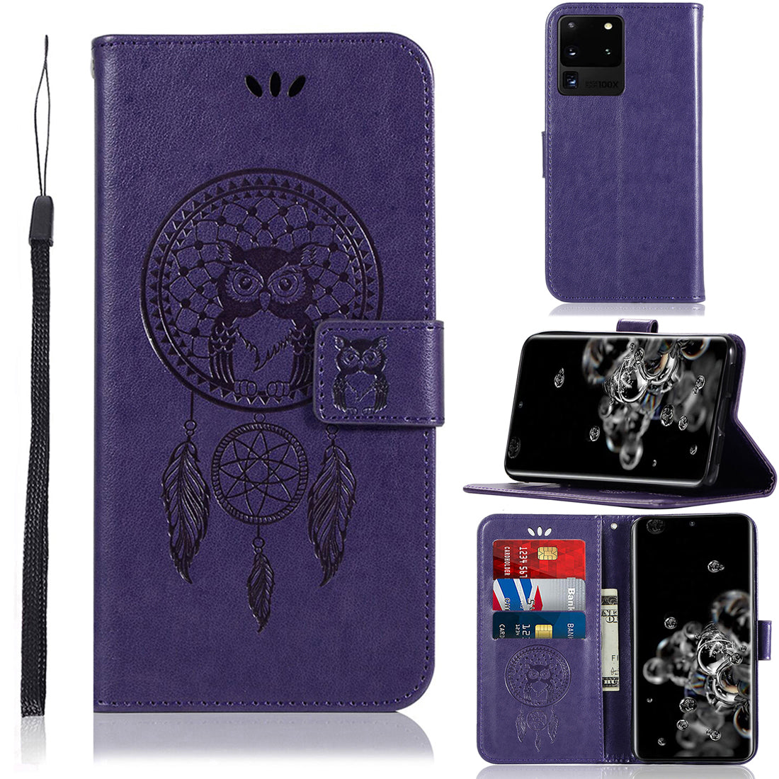 Imprinted Dream Catcher Owl Leather Wallet Case for Samsung Galaxy S20 Ultra - Purple